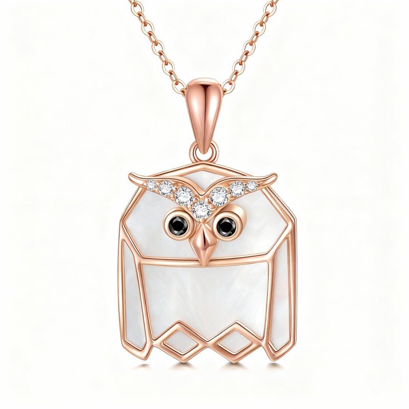 10K Rose Gold Cubic Zirconia & Mother Of Pearl Owl Pendant Necklace-1