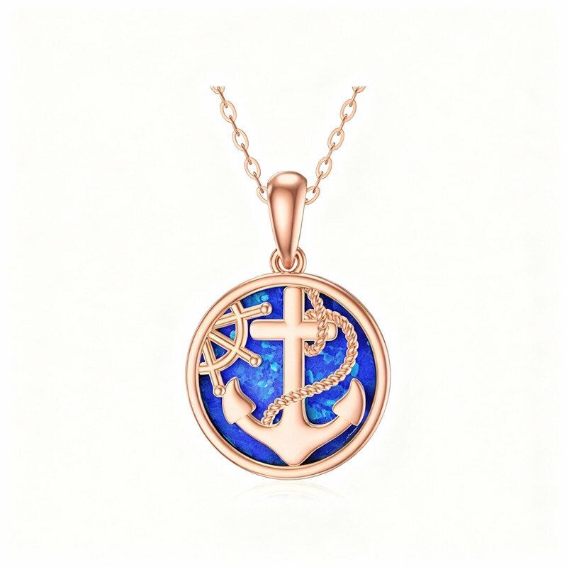 14K Rose Gold Opal Anchor Pendant Necklace-1