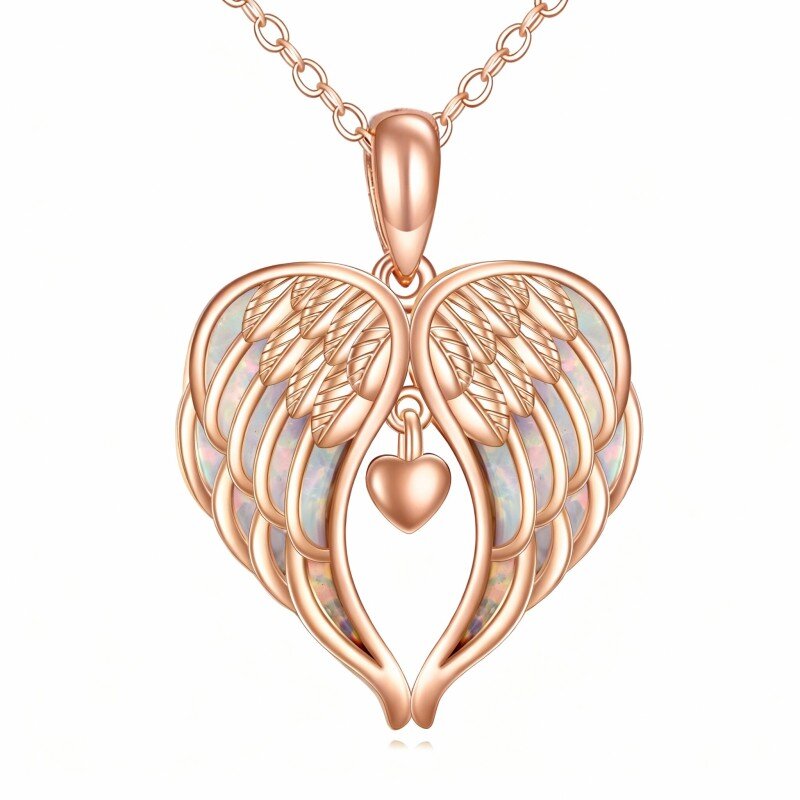 10K Rose Gold Opal Angel Wing Pendant Necklace-1