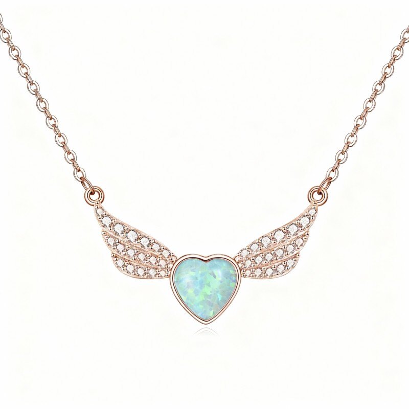 Colar com pendente de asa de anjo em ouro rosa 14K com zircónias cúbicas e opala-1