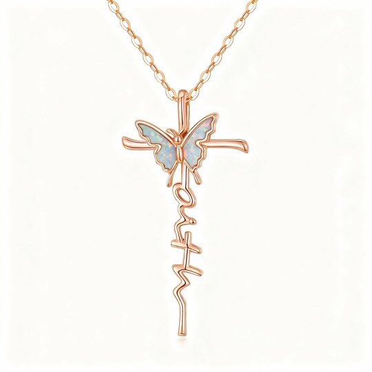 Collier pendentif papillon et croix en or rose 10 carats avec opale