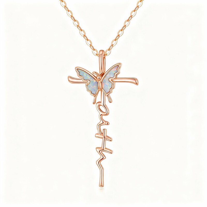 18K Rose Gold Opal Butterfly & Cross Pendant Necklace-1