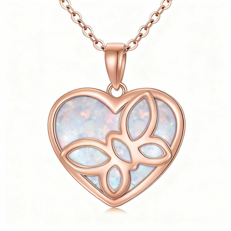 10K Rose Gold Opal Butterfly & Heart Pendant Necklace-1