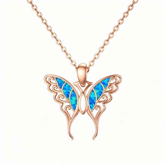 10K Rose Gold Opal Butterfly Pendant Necklace