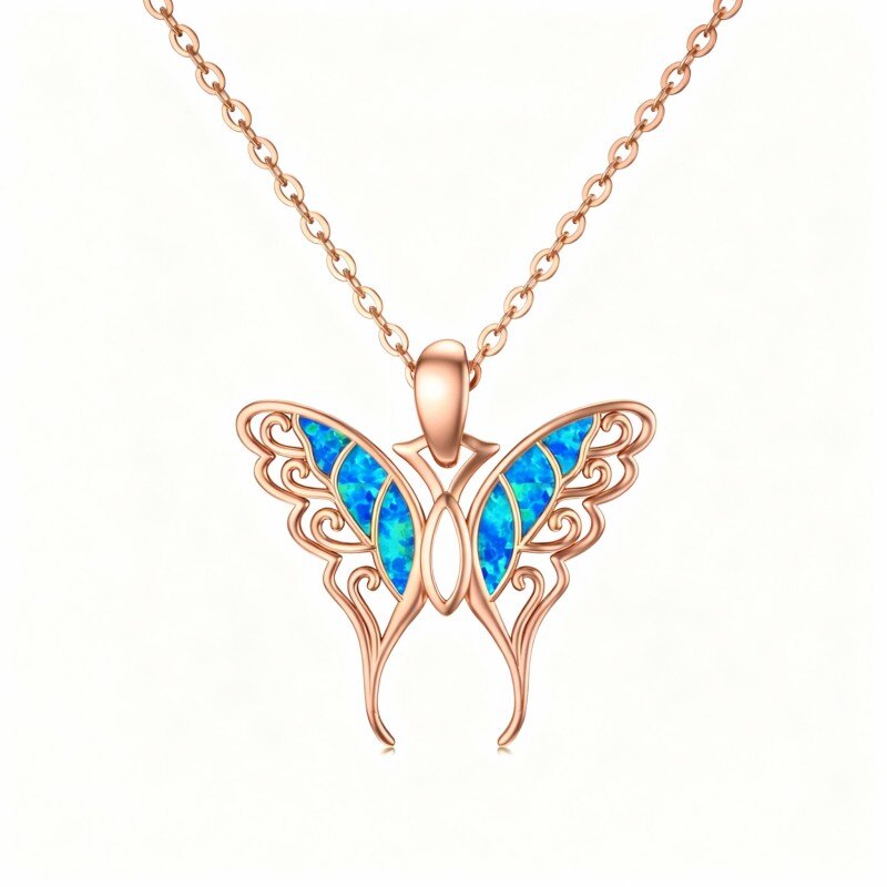 10K Rose Gold Opal Butterfly Pendant Necklace-1