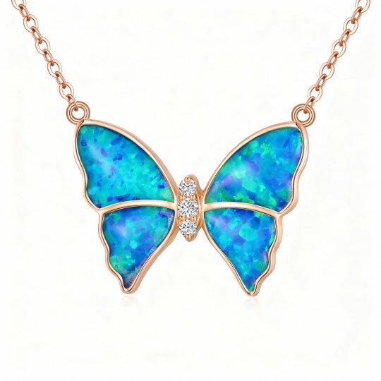10K Rose Gold Cubic Zirconia & Opal Butterfly Pendant Necklace