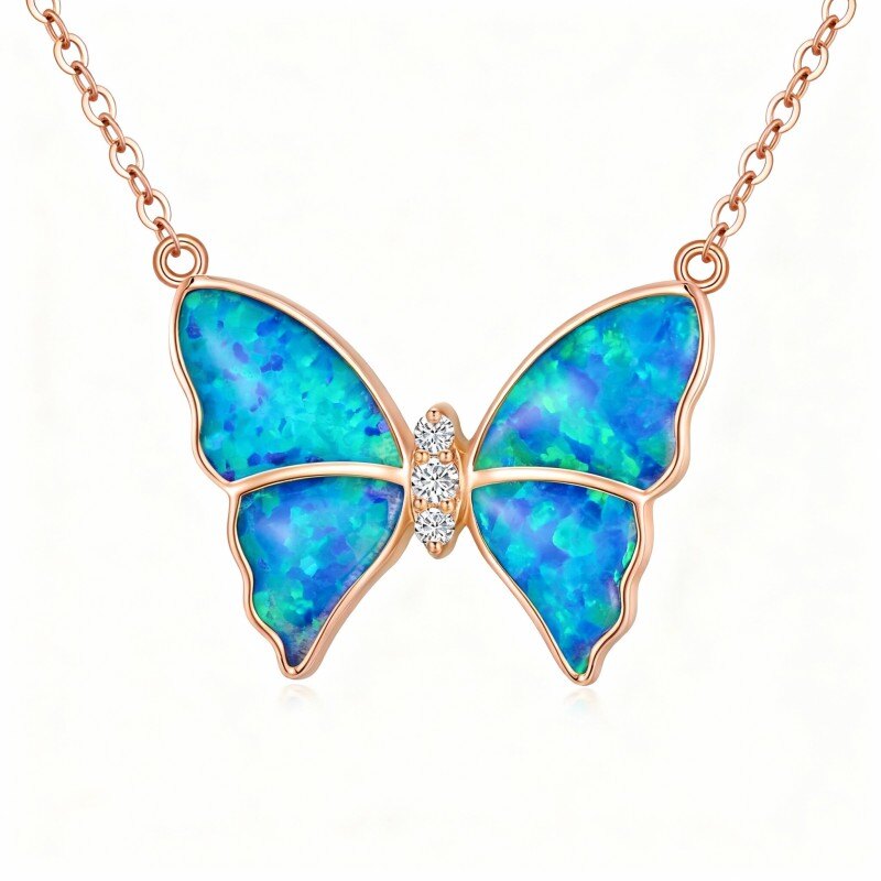 10K Rose Gold Cubic Zirconia & Opal Butterfly Pendant Necklace-1