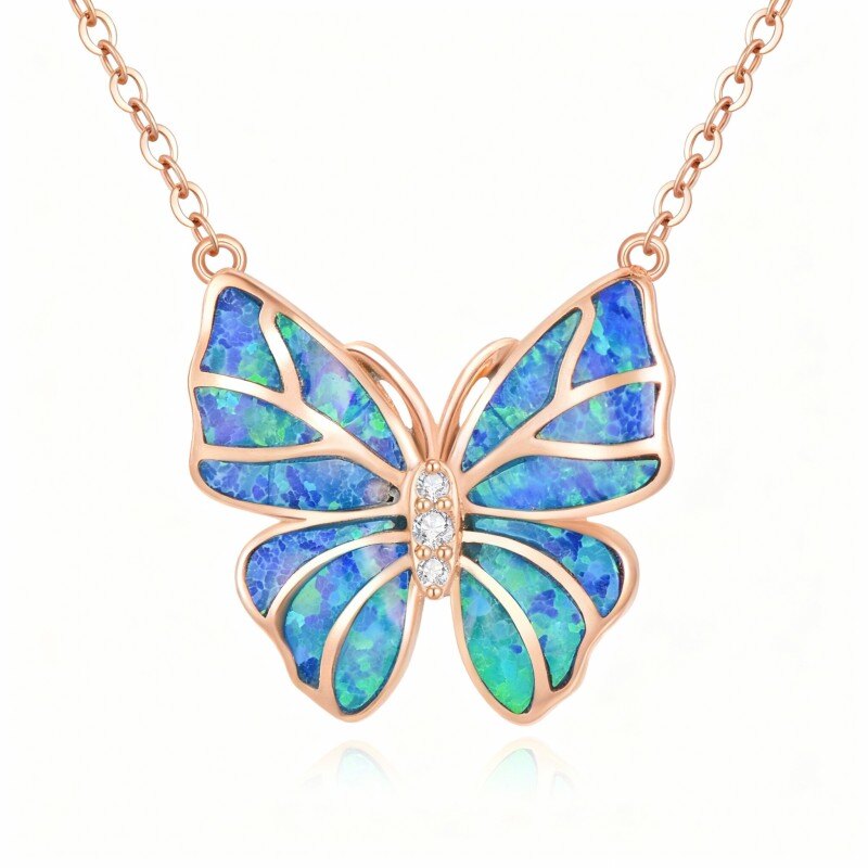 10K Rose Gold Cubic Zirconia & Opal Butterfly Pendant Necklace-1