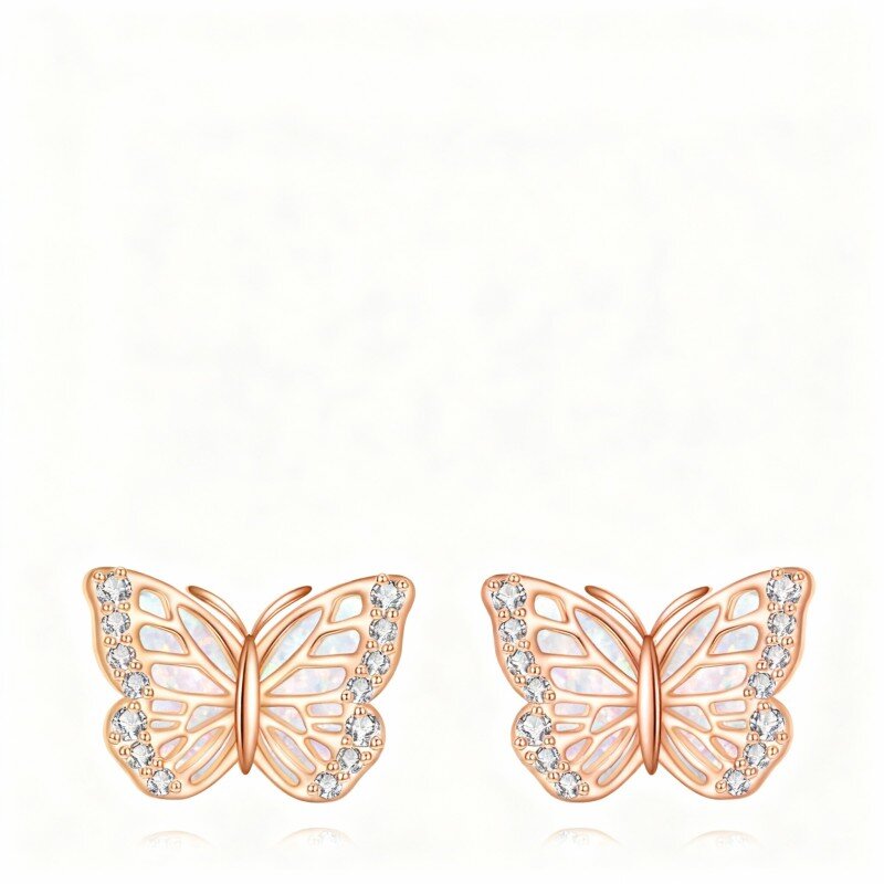 10K Rose Gold Cubic Zirconia & Opal Butterfly Stud Earrings-1