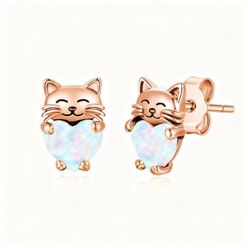 14K Rose Gold Opal Cat Stud Earrings-1
