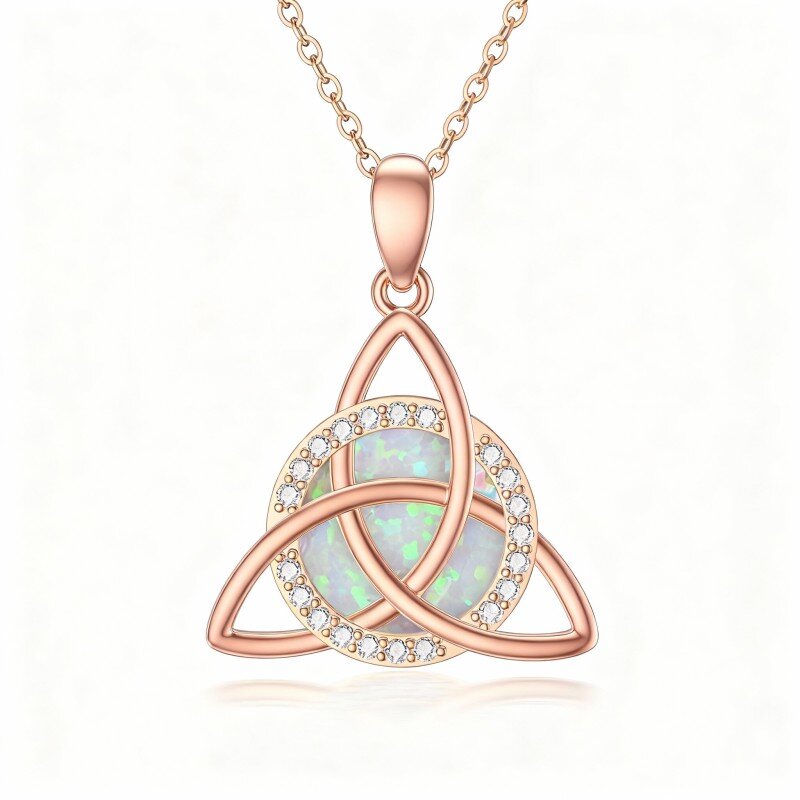 Collar con colgante de nudo celta de oro rosa de 10 quilates con circonitas cúbicas y ópalo-1