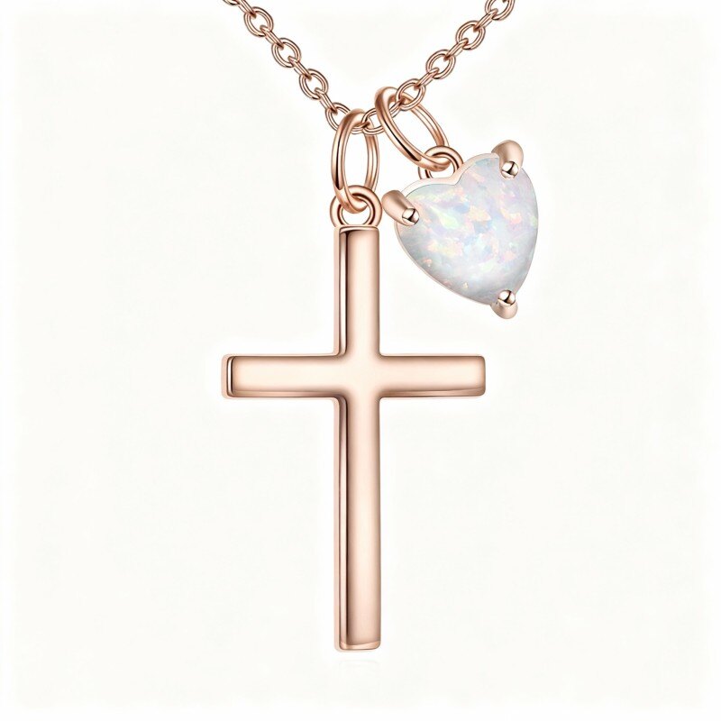Collar con colgante de cruz y corazón de ópalo en oro rosa de 14 quilates-1