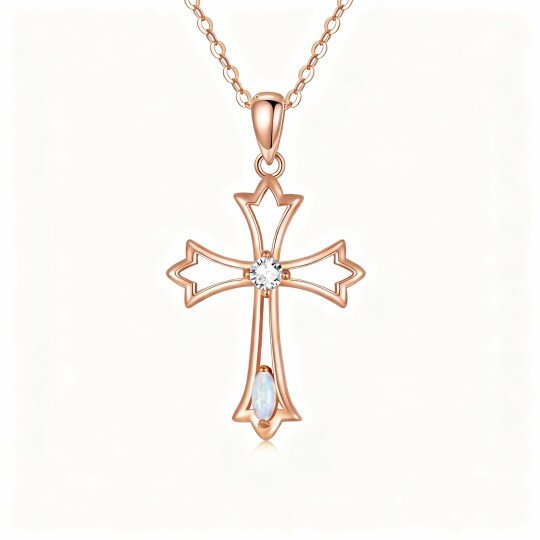 Kreuzanhänger-Halskette aus 10-karätigem Roségold mit Zirkonia und Opal