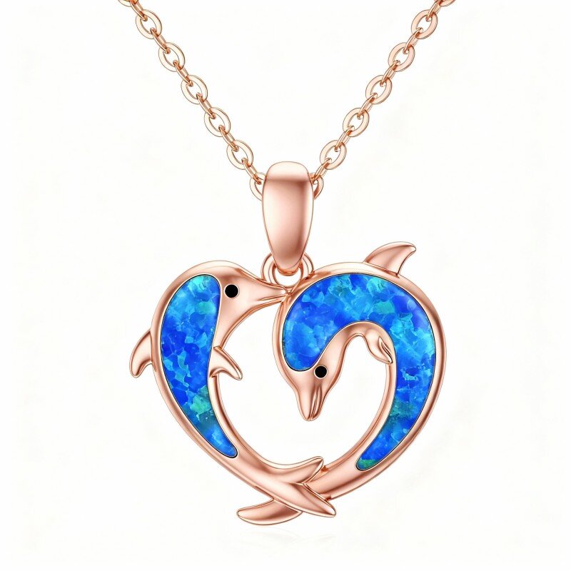 Colar com pendente de golfinho e coração em ouro rosa 18K com opala-1