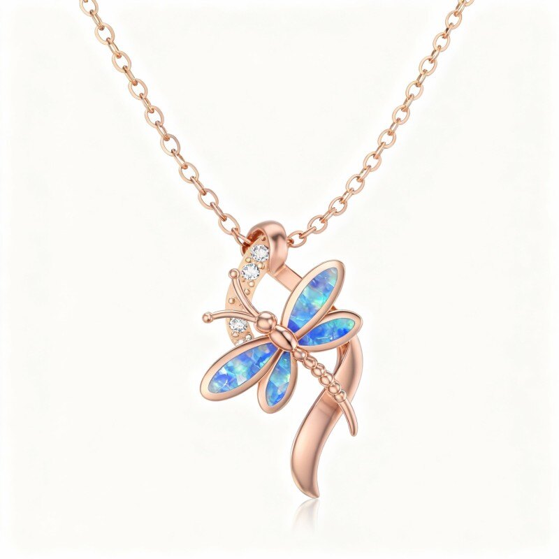 14K Rose Gold Cubic Zirconia & Opal Dragonfly & Infinity Symbol Pendant Necklace-1