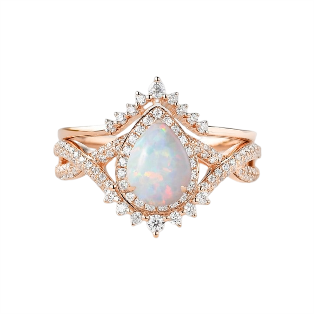 Sterling Silver with Rose Gold Plated Opal Drop Shape Engagement Ring-3