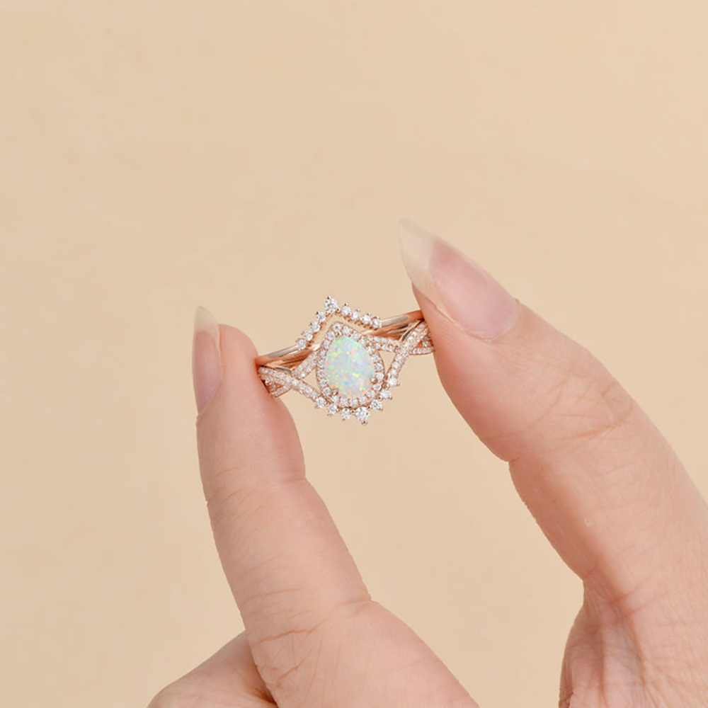 Sterling Silver with Rose Gold Plated Opal Drop Shape Engagement Ring-3