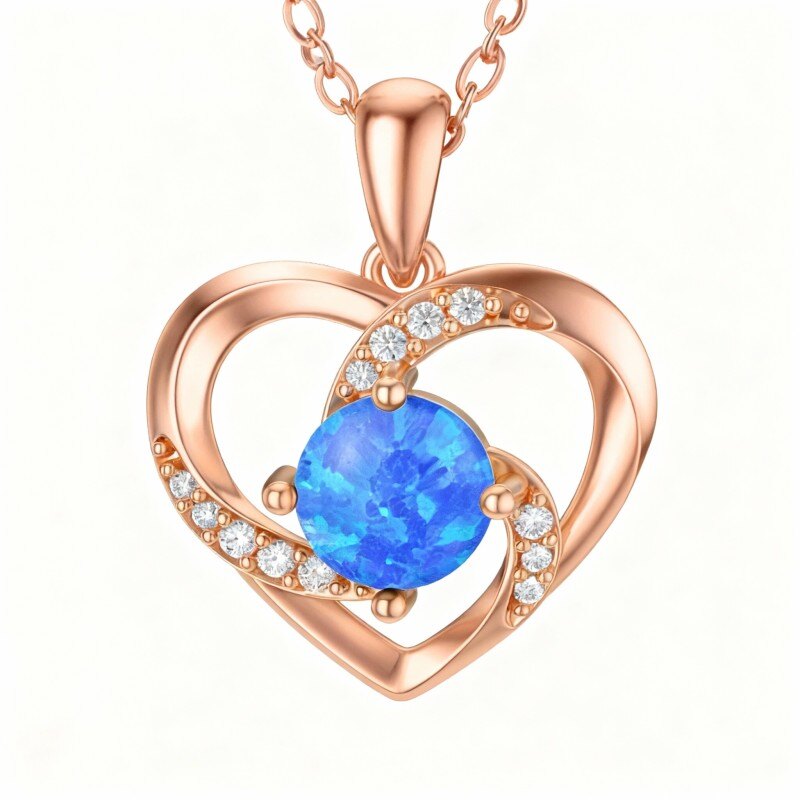 Collar con colgante de corazón de ópalo y circonita cúbica en oro rosa de 18 quilates-1
