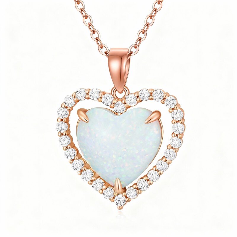14K Rose Gold Cubic Zirconia & Opal Heart Pendant Necklace-1