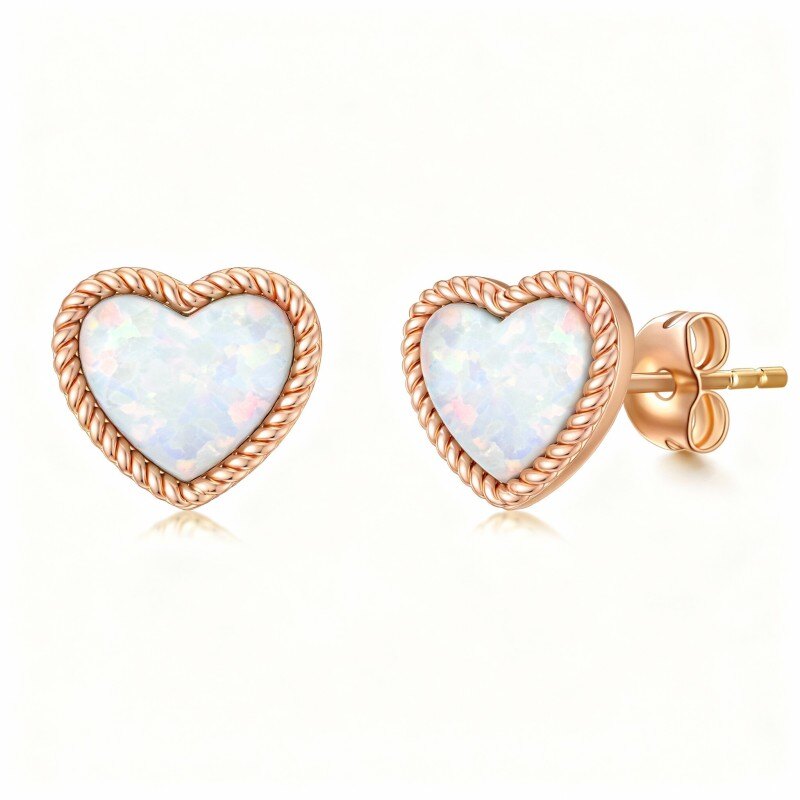 Pendientes de botón con forma de corazón de ópalo en oro rosa de 14 quilates-1