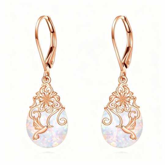 18K Rose Gold Opal Hummingbird Lever-back Earrings