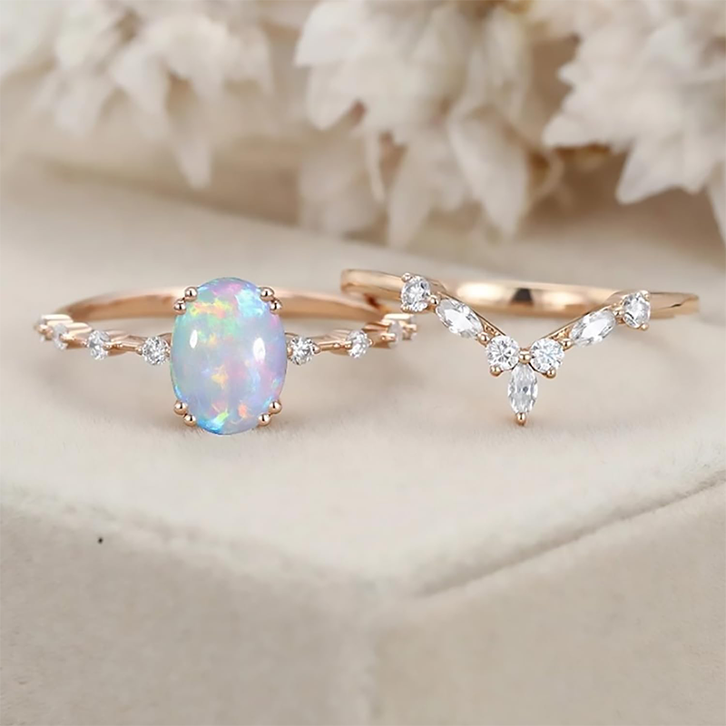 14K Rose Gold Opal With Moissanite Ring-4