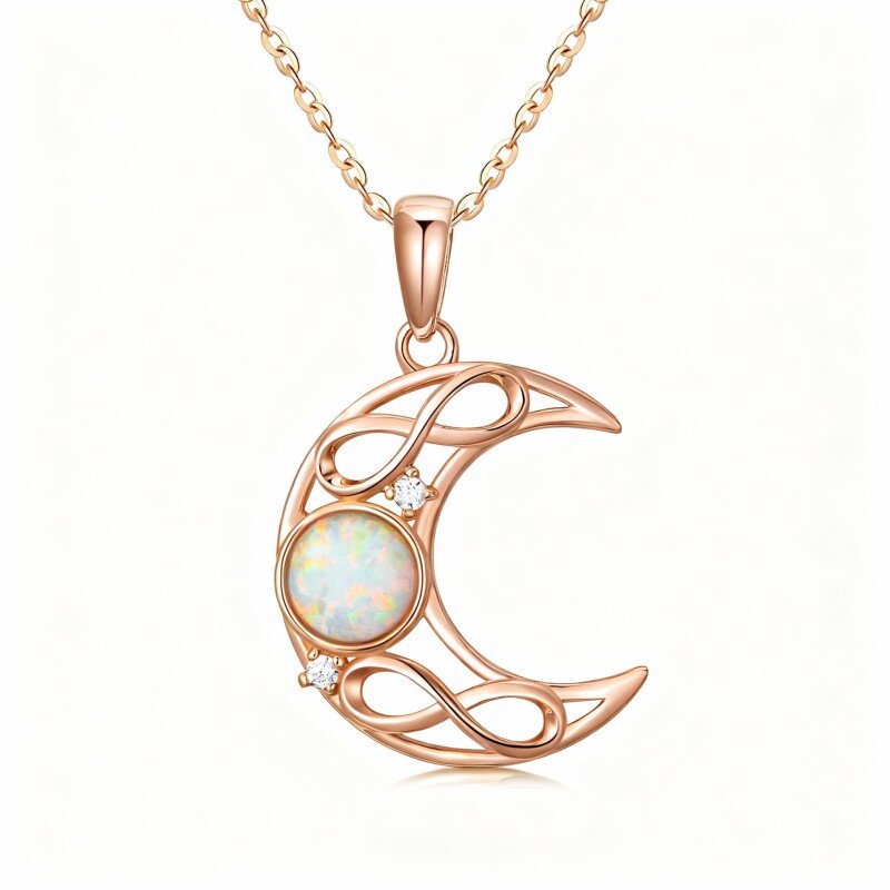 Collana con ciondolo a forma di luna in oro rosa 10K con zirconi cubici e opale-1