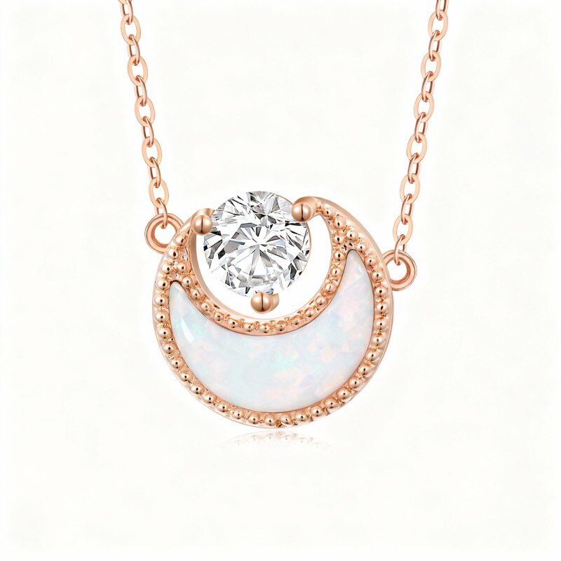 Collar con colgante de luna de ópalo y circonita cúbica en oro rosa de 14 quilates-1