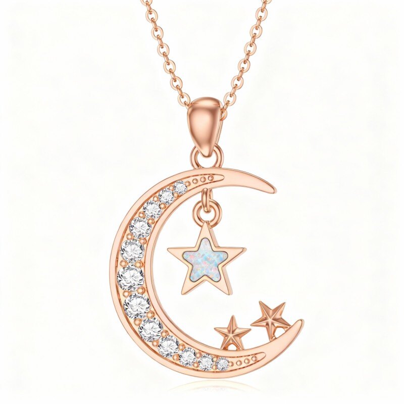 Colar com pendente de lua e estrela em ouro rosa 18K com zircónias cúbicas e opala-1