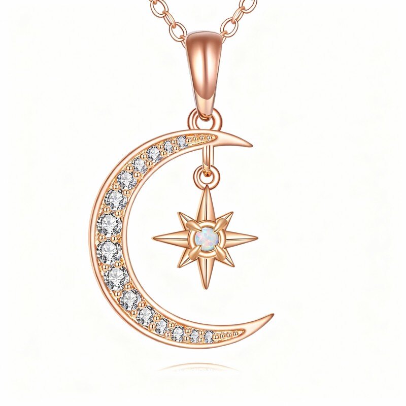 Collier pendentif lune et étoile en or rose 10 carats, zircon cubique et opale-1