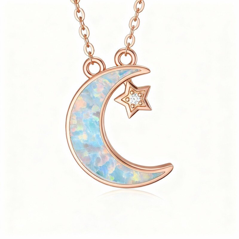 18K Rose Gold Cubic Zirconia & Opal Moon & Star Pendant Necklace-1
