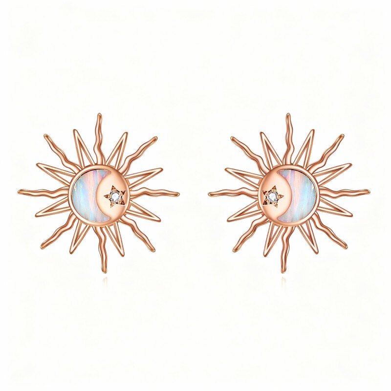 أقراط من الذهب الوردي عيار 18 قيراطًا مرصعة بالزركونيا المكعبة والأوبال والقمر والشمس-1