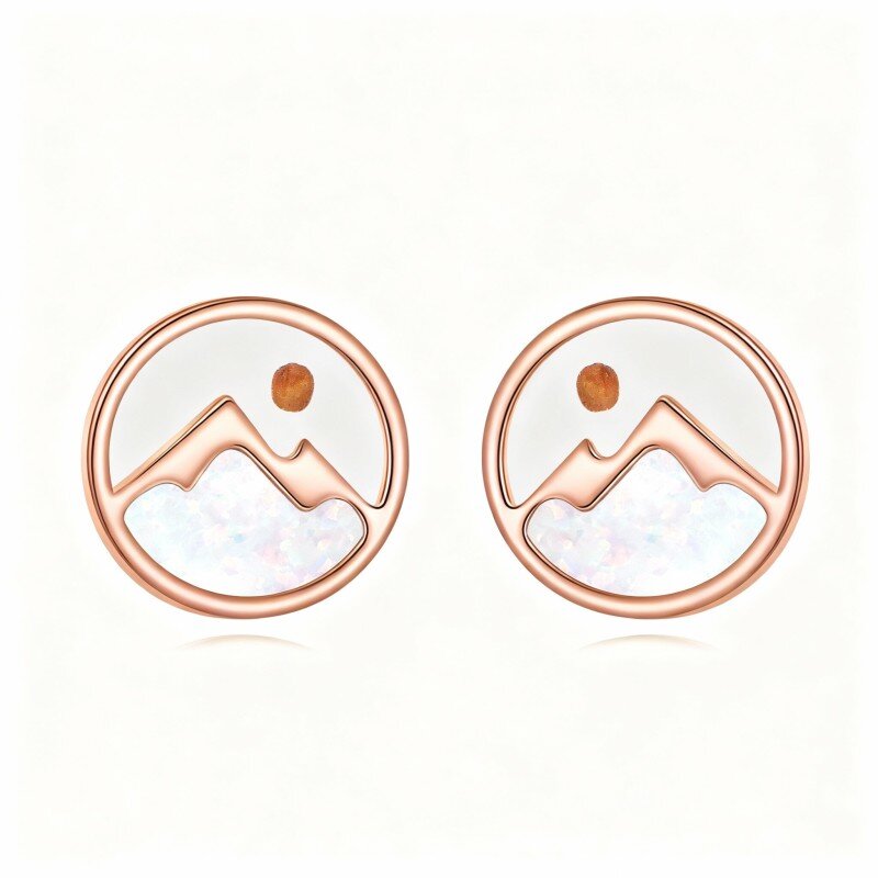 Boucles d'oreilles puces en or rose 10 carats et opale, motif montagnes-1