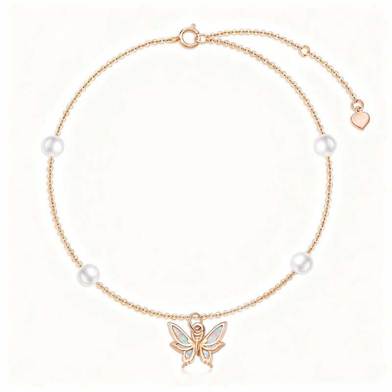 Cavigliera con ciondolo a forma di farfalla in oro rosa 18 carati con opale e perla a strato singolo-1