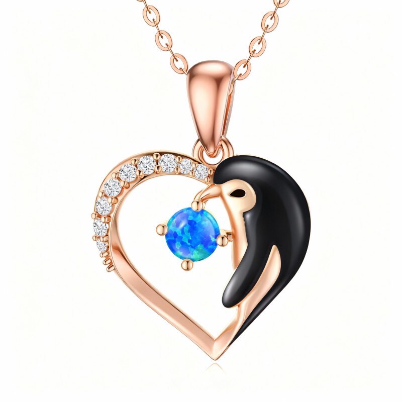14K Rose Gold Cubic Zirconia & Opal Penguin & Heart Pendant Necklace-1
