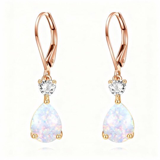 10K Rose Gold Cubic Zirconia & Opal Personalized Birthstone & Drop Shape & Heart Lever-back Earrings