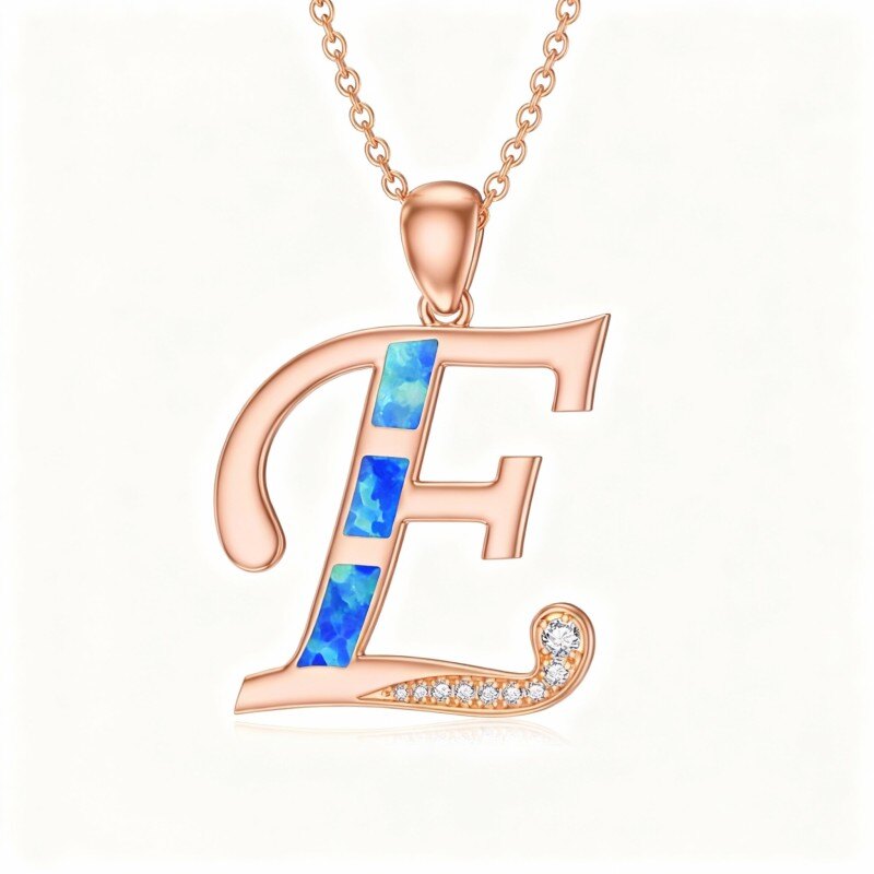 10K Rose Gold Cubic Zirconia & Opal Personalized Initial Letter & Brother And Sister & Sisters Pendant Necklace-1