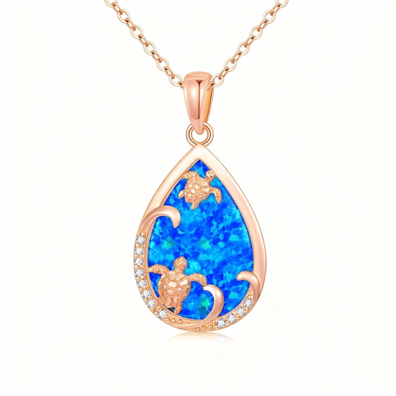 10K Rose Gold Cubic Zirconia & Opal Sea Turtle & Drop Shape Pendant Necklace-1