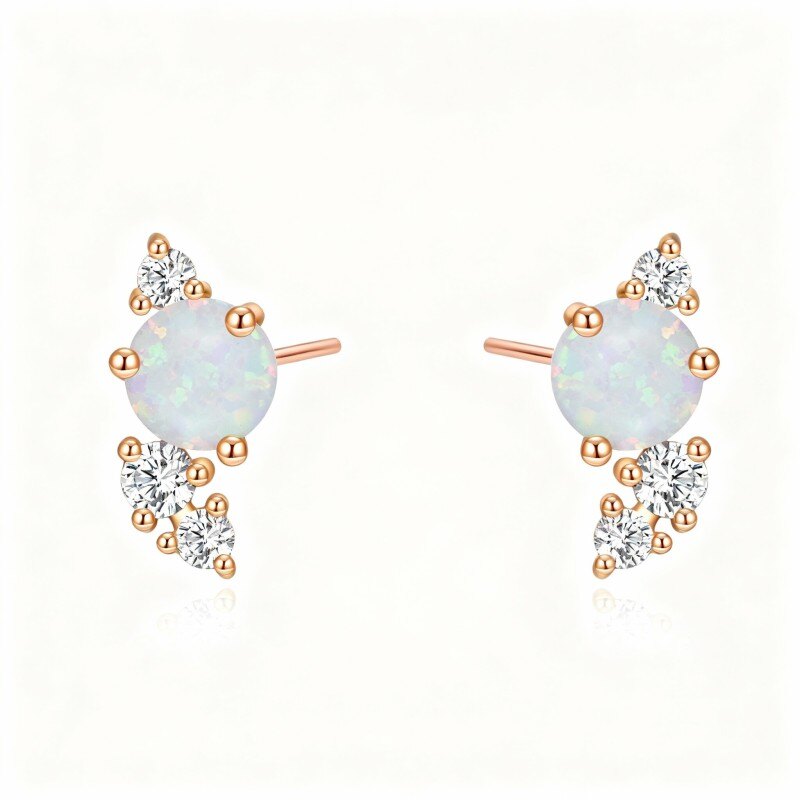 Boucles d'oreilles puces en or rose 10 carats, zircon cubique et opale-1