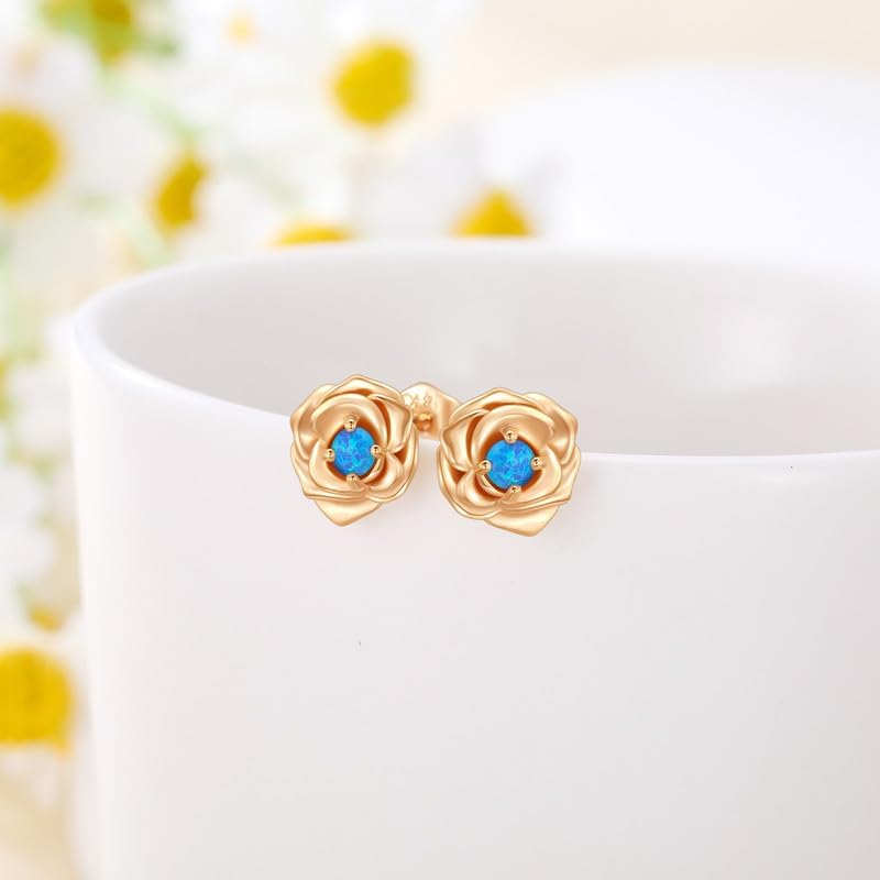 Sterling Silver with Rose Gold Plated Opal Rose Stud Earrings for Women-4