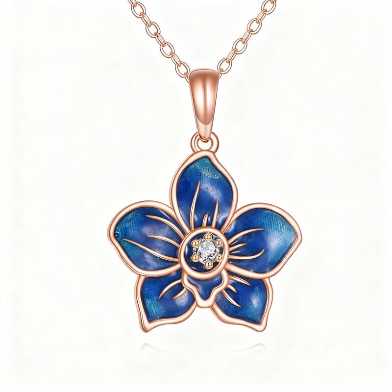 Collier pendentif orchidée en or rose 10 carats et zircon cubique-1
