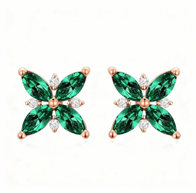 10K Rose Gold Cubic Zirconia Orchid Stud Earrings-6