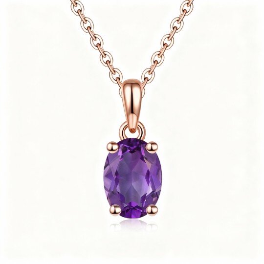 10K Rose Gold Oval Cut Amethyst Round Pendant Necklace