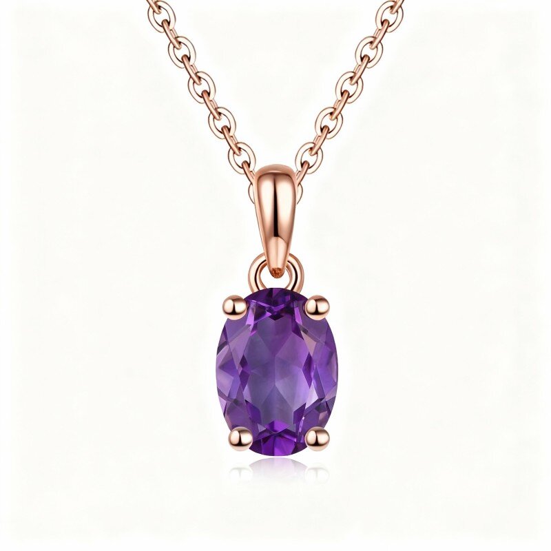 10K Rose Gold Oval Cut Amethyst Round Pendant Necklace-6