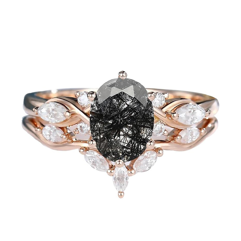 Bague de fiançailles en or rose 18 carats avec moissanite et quartz rutile noir à taille ovale-1