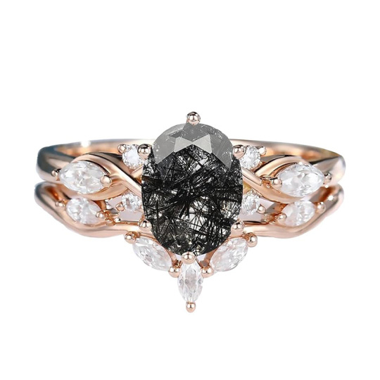 Bague de fiançailles en or rose 18 carats avec moissanite et quartz rutile noir à taille ovale