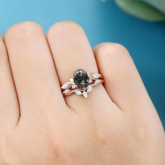 18K Rose Gold Oval-Cut Black Rutilated Quartz Moissanite Engagement Ring-2