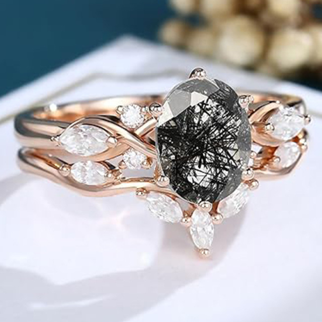 18K Rose Gold Oval-Cut Black Rutilated Quartz Moissanite Engagement Ring-3