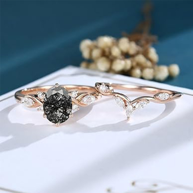 18K Rose Gold Oval-Cut Black Rutilated Quartz Moissanite Engagement Ring-4