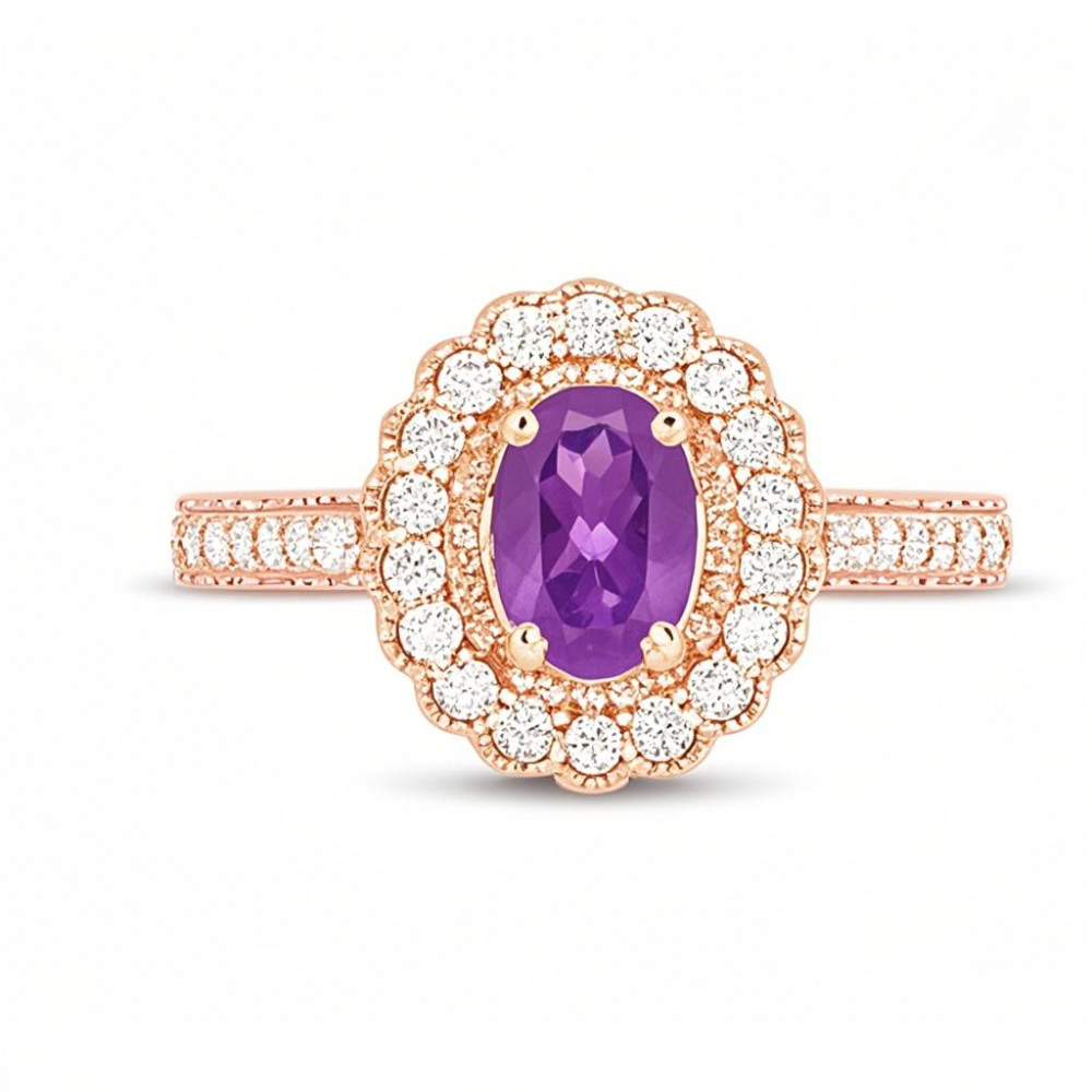 Anel de noivado personalizado com corte oval em ouro rosa 14K e pedras preciosas-1